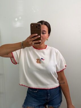 Blue Blush White Knit Teddy Bear Crop Top with Red Trim